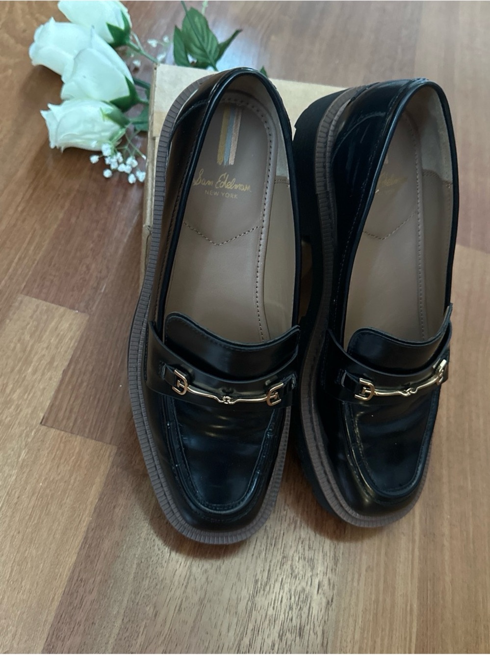 Sam Edelman Black Patent Leather Bit Loafers with Gold Hardware
